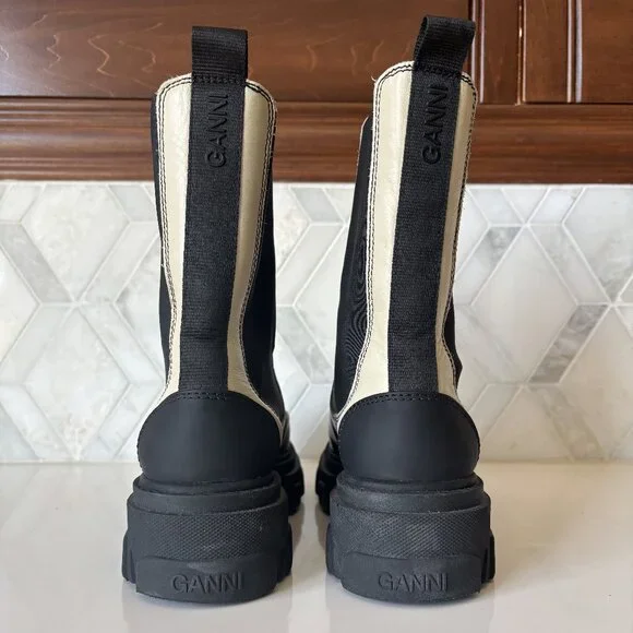 Ganni Size 38/8 Mid Tall White Combat Boot Pull On Chelsea Lug Sole Ankle Placid - Picture 7 of 9